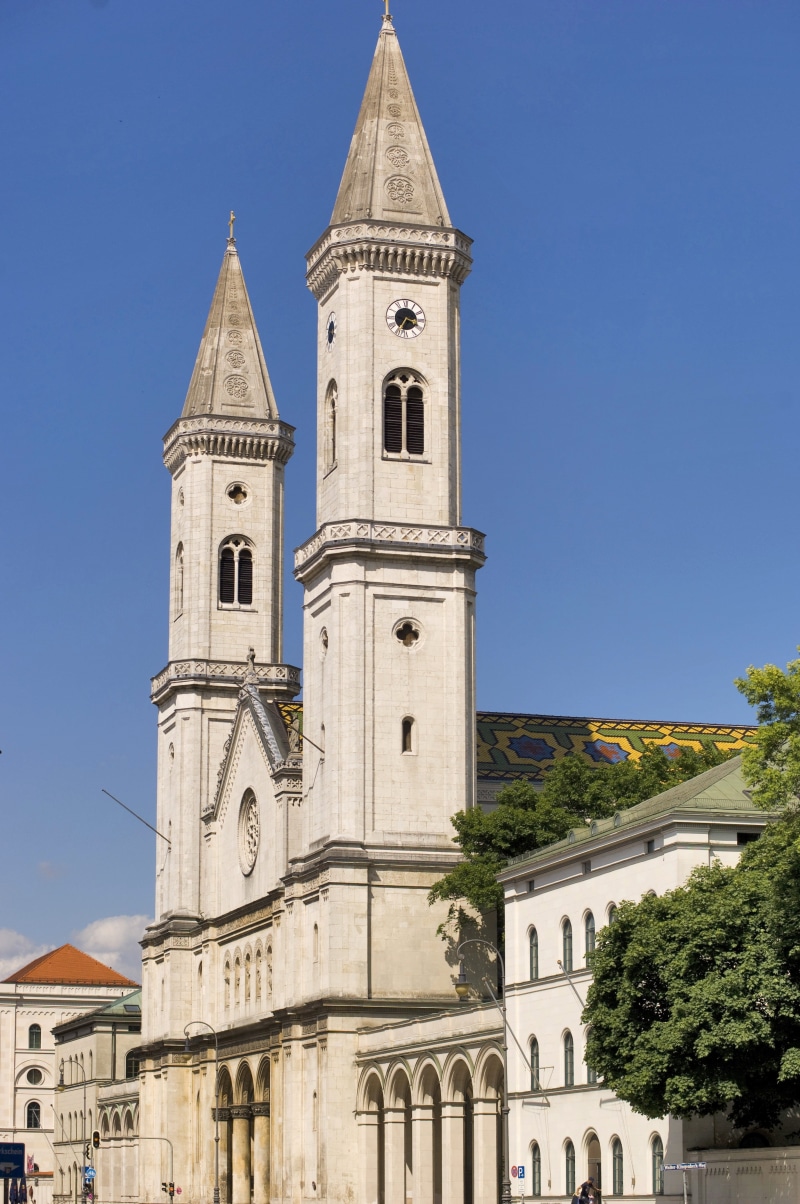 religion, built structure, day, clear sky, history, belief, low angle view, spirituality, Munich, towers, Germany, sky, building, building exterior, clock