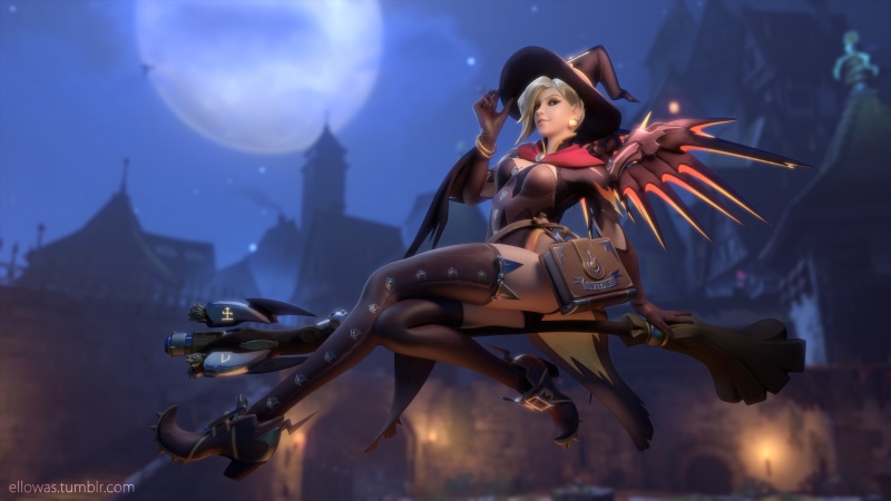wings, witch hat, short hair, 4K, Overwatch, stockings, Halloween, Moon, Mercy (Overwatch), blonde, night