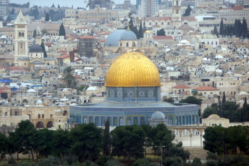 plant, building exterior, day, jerusalem, dome, landmark, tree, religion, city, place of worship, dome of the rock, outdoors, no people, travel destinations