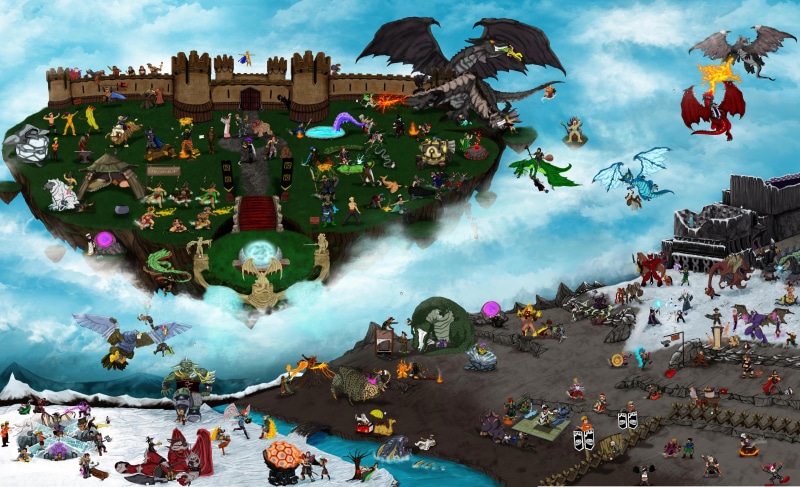 fantasy, adventure, dragon, runescape, 4K, castle, city, map, island, battle