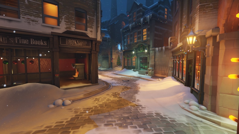 street, 4K, outdoors, city life, KINGSROW, building exterior, no people, residential district, footpath, lighting equipment, Overwatch, sidewalk, night