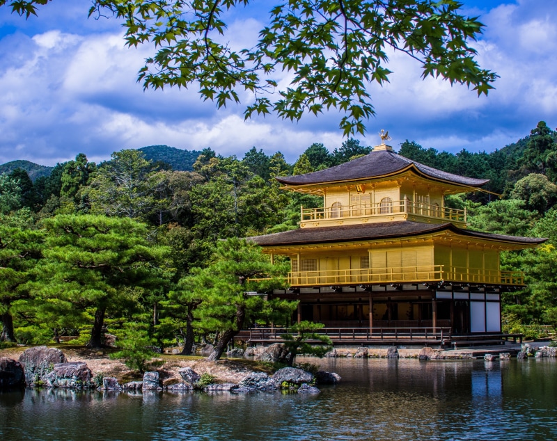 architecture, Trees, built structure, place of worship, Golden, building exterior, waterfront, plant, pagoda, Japan, Kinkaku-ji, day, religion, outdoors