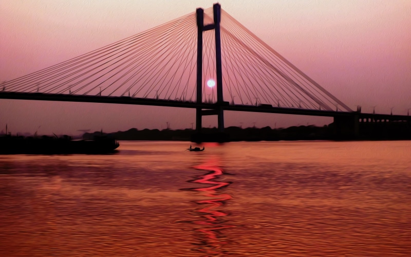 nature, hd, built structure, waterfront, 2K, india, kolkata, architecture, bridge, travel destinations, pics, travel, red, suspension, sunset