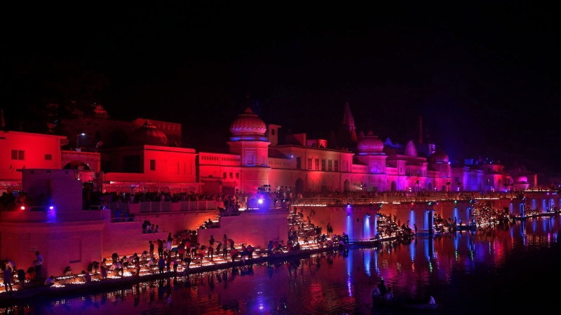 lights, river Barn, India, night, Ayodhya, 1080P