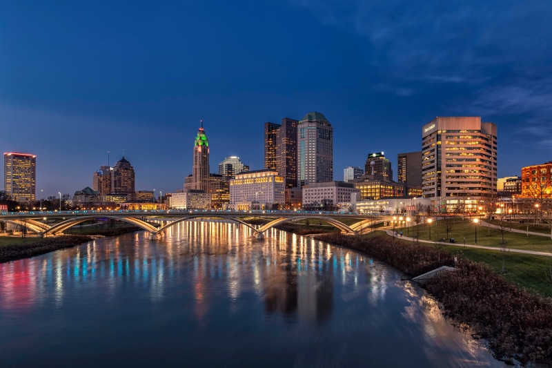 bridge, the sky, home, building, Columbus, Ohio, USA, river, 2K, lights, the evening