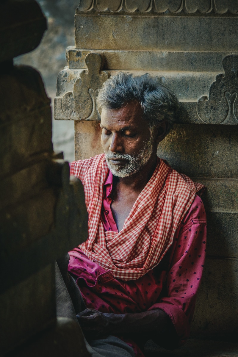 laborer, real people, leisure activity, casual clothing, tired after work, contemplation, portrait, senior men, tamilnadu, kooli, old man sleeping in temple