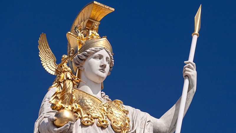 Golden armor, sunlight, The Gods Of Hellas, 1080P, the statue of the goddess Pallas Athena, the sky, white marble