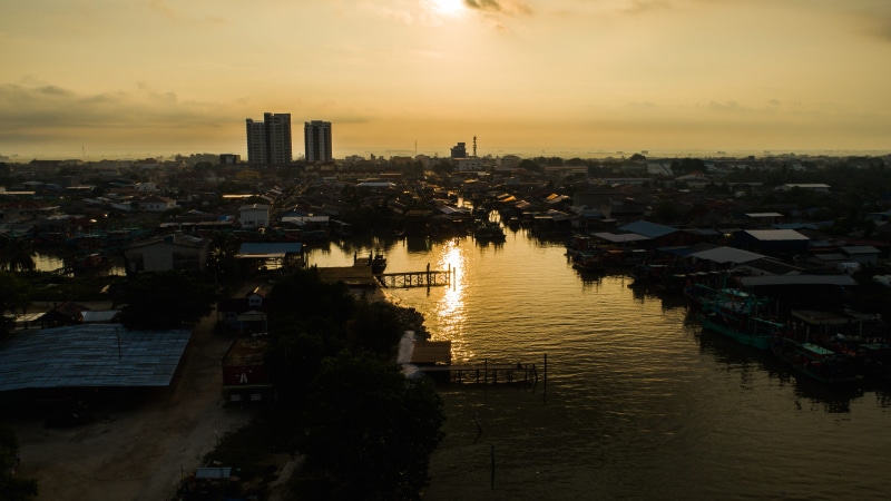 sky, waterfront, fisherman, no people, office building exterior, selangor, cityscape, house, nature, water, architecture, reflection, sekinchan, sunset