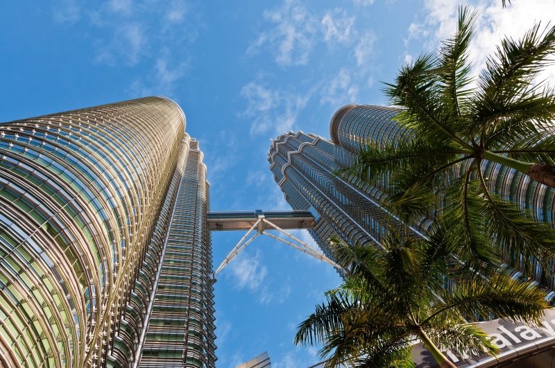 no people, building, outdoors, malaysia, cloud - sky, modern, day, tropical climate, coconut palm tree, travel, architecture, palm leaf, low angle view