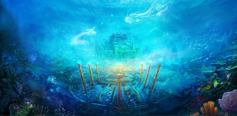 animal, old, fish, outdoors, tranquility, 1080P, under water, deep, underwater world, no people, spooky, atlantis, illustration, underwater, water, columns