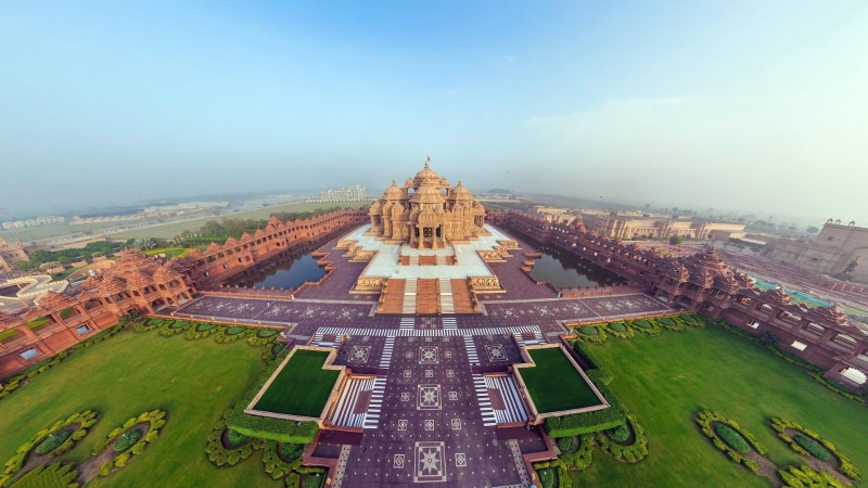 building, high angle view, day, architecture, cityscape, Top view, history, grass, sport, copy space, travel destinations, city, Akshardham temple, India