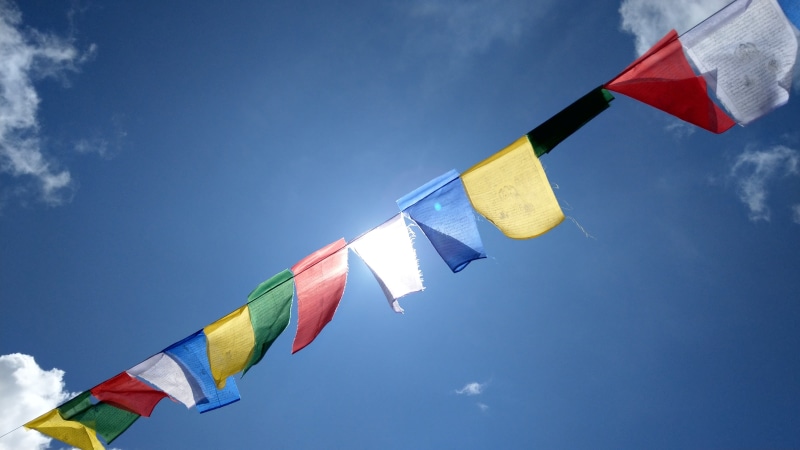 color, colored flag, multi colored, 4K, waving, low angle view, blue, nature, day, outdoors, symbol, excitement, tibetan buddhism, no people, flag, environment