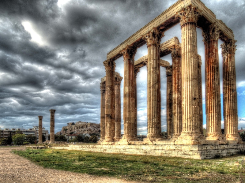 cloud - sky, overcast, ancient civilization, brown, architecture, angle, low, land, plant, nature, architectural column, environment, ancient, no people