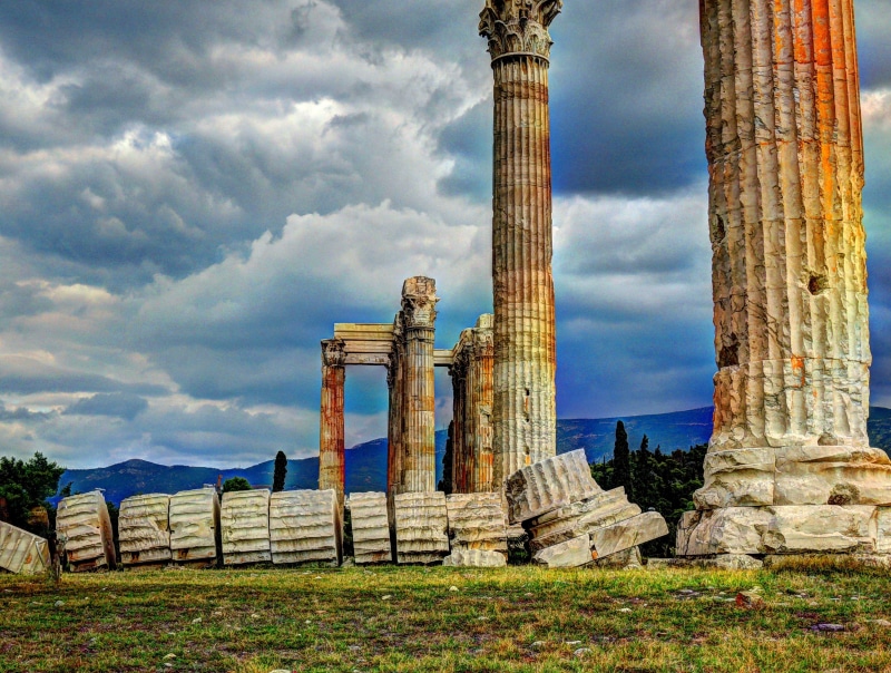 old ruin, day, concrete, outdoors, land, architectural column, temple, grass, built structure, white, cloud - sky, archaeology, athens, old, pillars, travel destinations