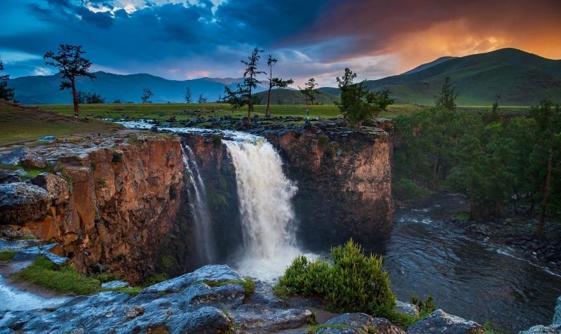 Mongolia, flowing, 1080P, landscape, power in nature, water, trees, environment, nature, waterfall, clouds, motion, plant, tree, scenics - nature, rock