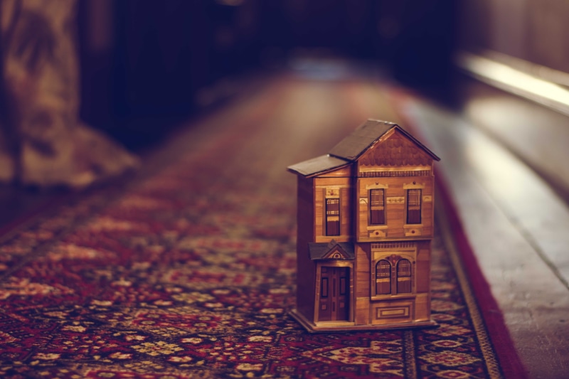 dolls house, built structure, red, wooden, model, building exterior, leaf, communication, 5K, architecture, outdoors, floor, day, miniature, small, focus on foreground