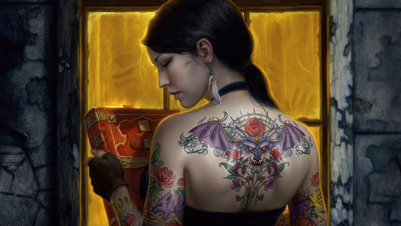 Mercy Thompson, black dress, women, gloves, artwork, feathers, ponytail, 1080P, tattoo, bare shoulders, brunette, books, anime