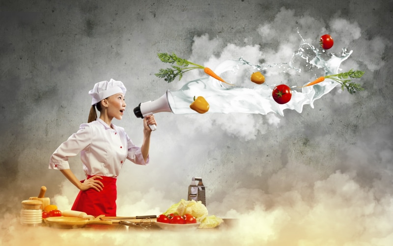 Asian, skirt, food, waist up, long hair, healthy eating, dress, occupation, model, plates, adult, fruit, table, 2K, preparation, one person, indoors, photo manipulation