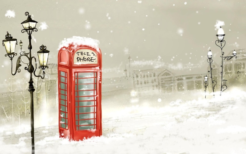 telephone, 1080P, art, winter, lights, paint, snowflakes, city, snow