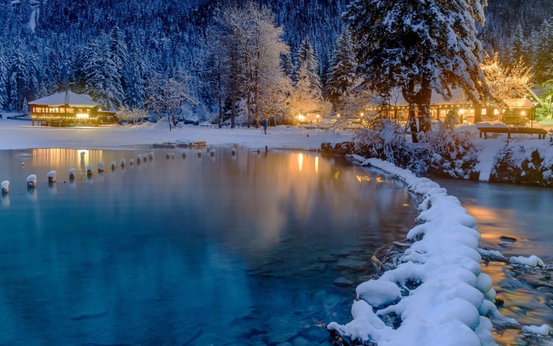 forest, the evening, lighting, 1080P, winter, Italy, ate, lake, trees, home, Alps, snow