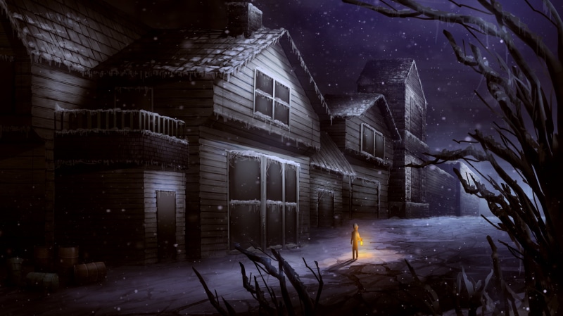 boy, cold temperature, painting, light, outdoors, night, trees, house, home, lighting equipment, people, built structure, 4K, building, no people