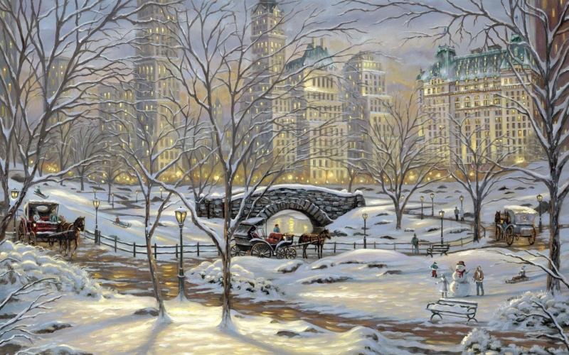 painting, downtown District, building Exterior, covered, 2K, snowing, baretree, park - Man Made Space, cold - Temperature, cityscape, extreme weather