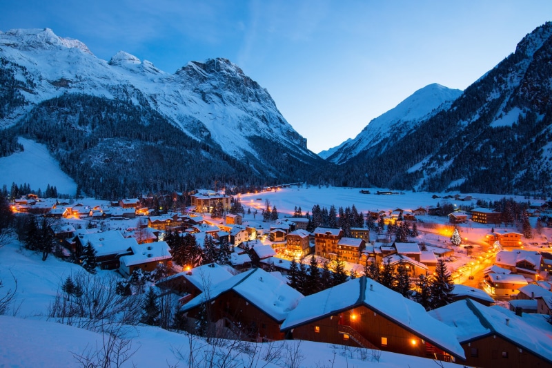 illuminated, scenics - nature, building exterior, road, mountain, cold temperature, light, the evening, building, France, brown, residential district, Vanoise