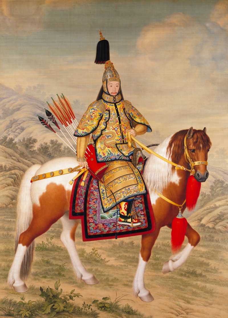 clothing, china, real people, livestock, emperor, vertebrate, giuseppe castiglione, herbivorous, reiter, animal wildlife, drawing, one person, man, traditional clothing