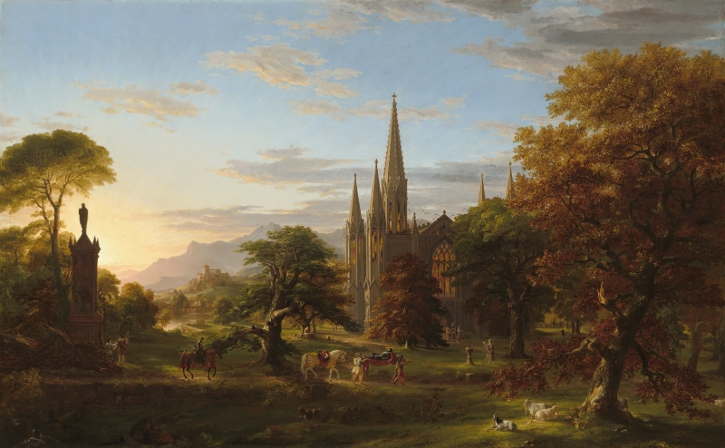 tower, place of worship, 4K, no people, building, belief, outdoors, plant, architecture, tree, built structure, thomas cole knight nature landscape painting artwork trees forest clouds cathedral horse tower