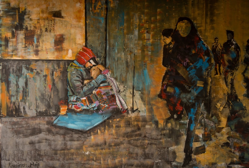 full length, 5K, adult, homeless, women, painted wall, sitting, people, facade paint, architecture, artfully, street art, lifestyles, building, wood - material