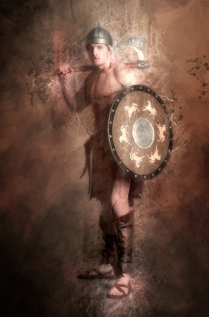 silver, warrior, black, real people, lighting equipment, front view, power, barbarian, activity, men, standing, man, shield, male, ax, textured effect
