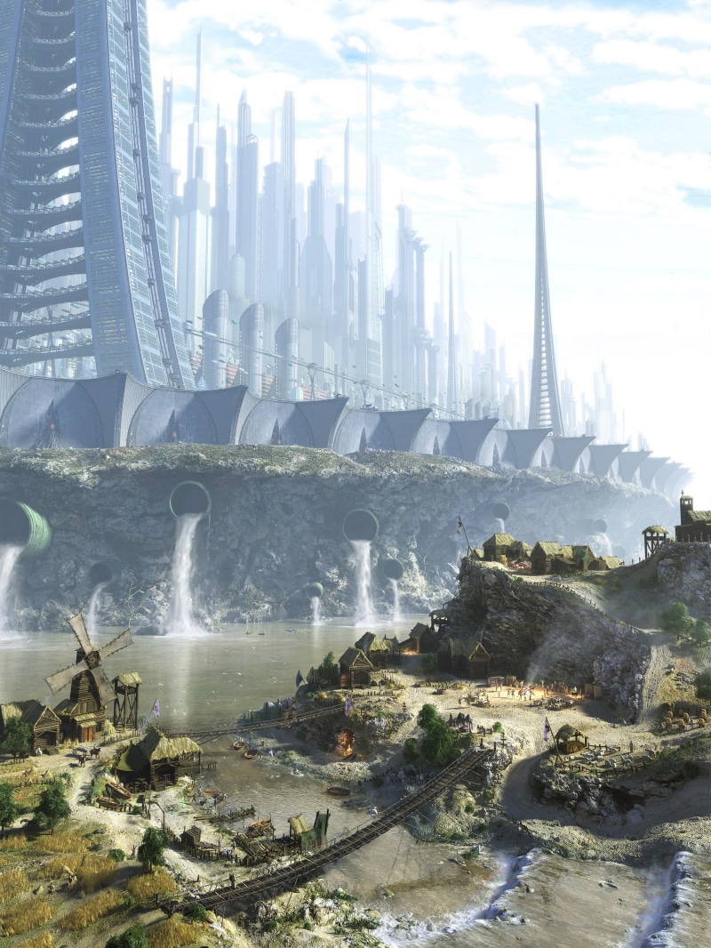 windmill, skyscrapers, science, abstract, Futuristic, fiction, x, bridges, fantasy, town, art, hd, future, 2K