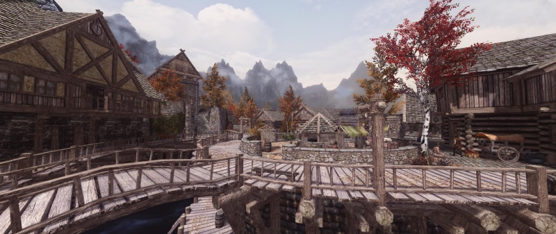 building exterior, outdoors, house, fantasy town, nature, 2K, sunlight, travel destinations, built structure, Riften, ultra-wide, travel, building, tree