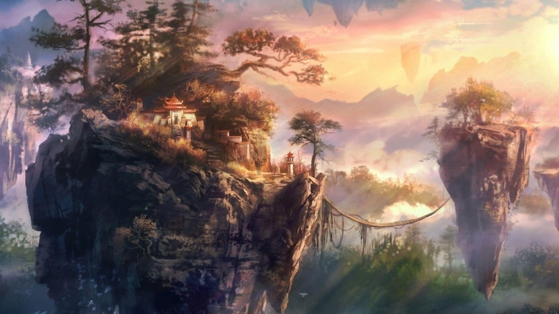 white, towns, rocks, brown, town, rock, 1080P, temple, island, 1920x1080, fantasy, floating, house