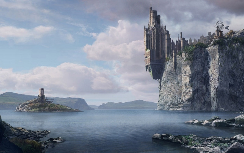 artwork, ocean, 1080P, castles, art, fantasy, cliffs, town