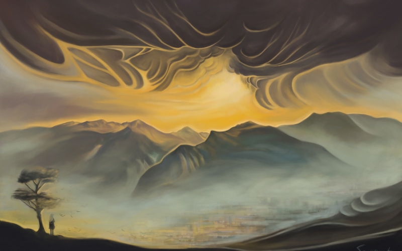 abstract, idyllic, 2K, nature, trees, mountain, orange color, scenics - nature, artwork, motion, mist, painting, mountains, sunset, tranquility, clouds