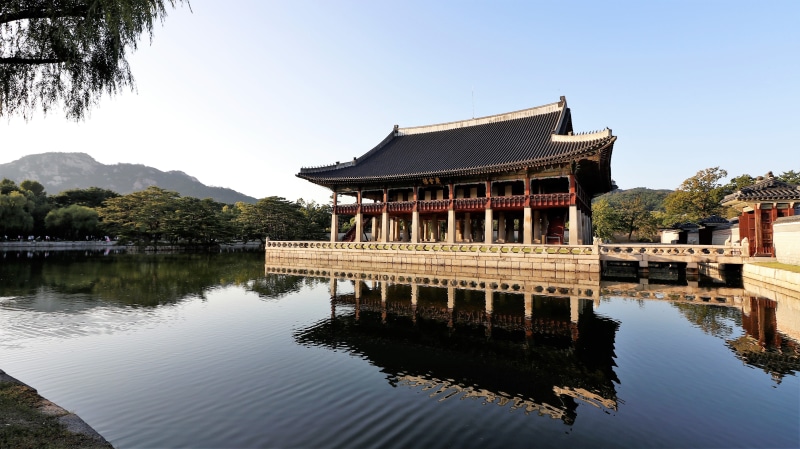 palace, classical style, clear sky, palaces, temple, lake, travel destinations, traditional, korea, gyeongbok palace, asian style, seoul, republic of korea
