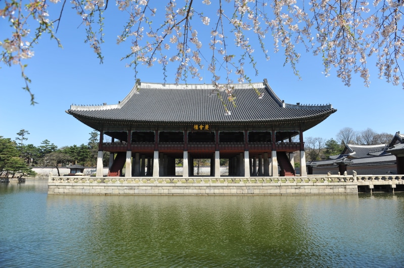 temple, water, sky, outdoors, high altitude, old buildings, religion, architectural column, republic of korea, reflection, spirituality, nature, no people