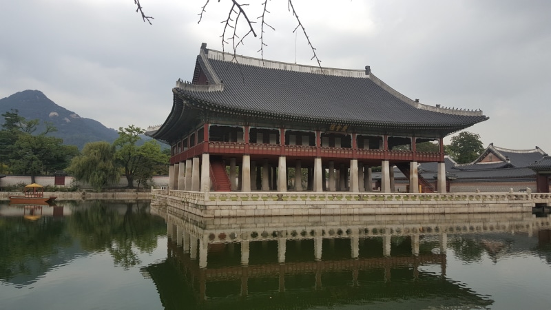 building, travel destinations, water, gyeongbokgung palace image, lake, outdoors, tree, no people, waterfront, palace photos, built structure, building exterior