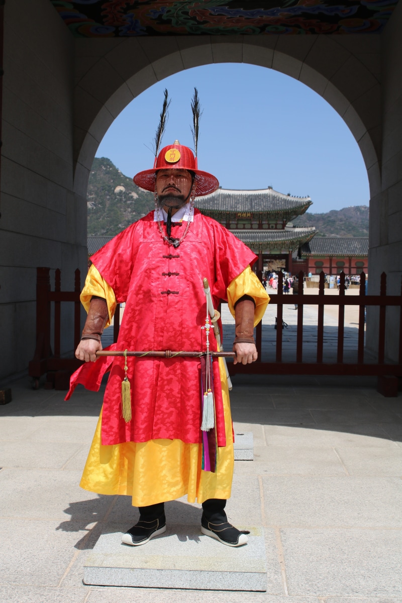 history, arch, korea, gate, adult, clothing, cultural property, standing, festival, forbidden city, day, men, traditional, outdoors, nature, tourism, uniform