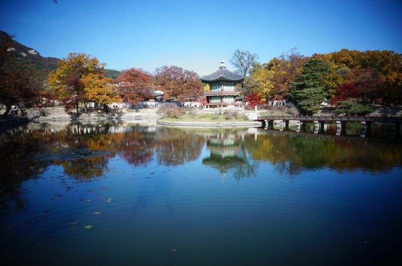 change, plant, day, landscape, beauty in nature, travel, seoul, built structure, tranquility, reflection, relics, water, blue, no people, tranquil scene