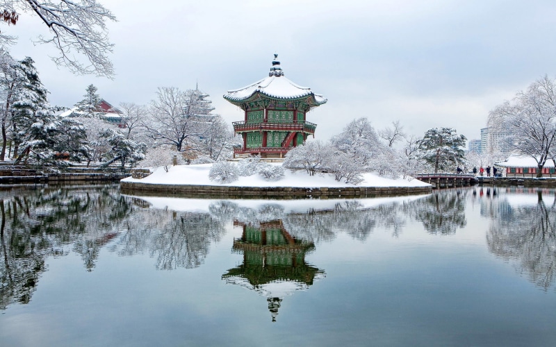 winter, w, palace, architecture, religion, green, belief, reflection, cold temperature, 2K, plant, red, high, water, south, snow, building exterior, sky