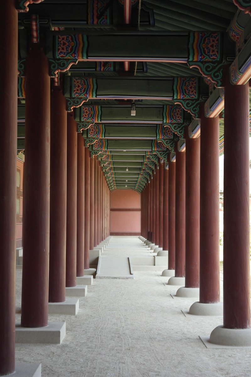 Republic Of Korea, the past, korea, colonnade, forbidden city, repetition, shrine, 5K, direction, architectural column, corridor, diminishing perspective