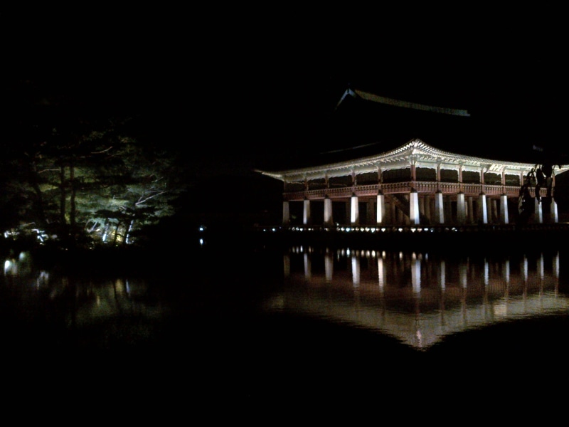 republic of korea, outdoors, architecture, travel destinations, lake, building exterior, building, illuminated, plant, forbidden city, 2K, night, tree