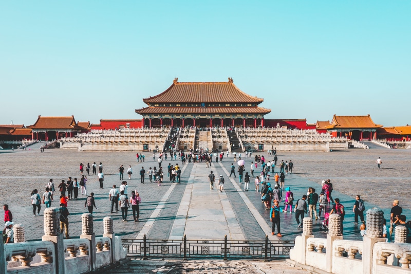 ancient, building exterior, real people, clear sky, people, 4K, built structure, history, building, tourism, outdoors, forbidden, group of people, travel