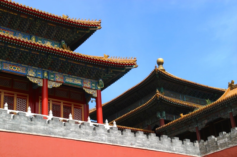 forbidden city, low angle view, no people, palace, brown, tourism, 2K, china, sky, built structure, temple, blue, place of worship, city, ornate, building exterior
