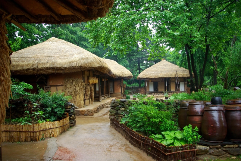 no people, 4K, architecture, beauty in nature, roof, green color, korean folk village, building exterior, hut, tranquility, day, direction, house, thatch roofed hose