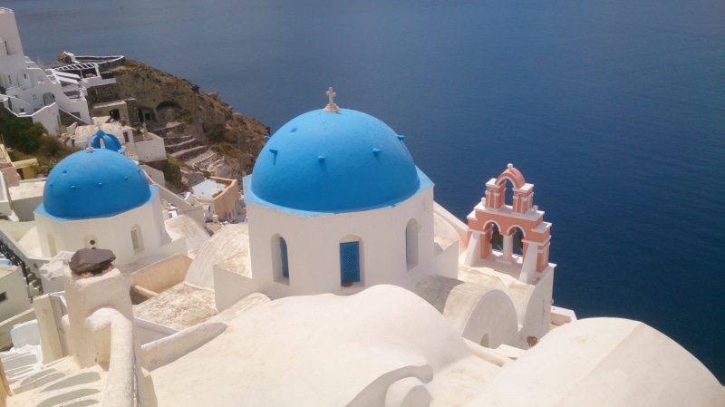 idyllic, greece, belief, greek Islands, dome, cross, island, high angle view, architecture, nature, orthodox Church, aegean Sea, sunlight, oia, water, religion