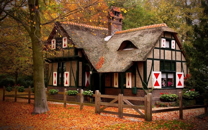 House, Autumn, Leaves, 2K, Trees, Red, Fence