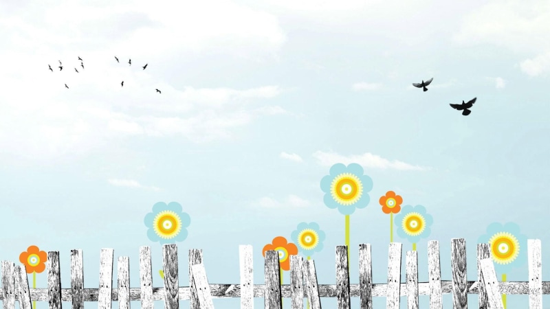 firefox persona, clouds, 1080P, garden, birds, vector, 3d and abstract, flowers, fence, summer, across, spring